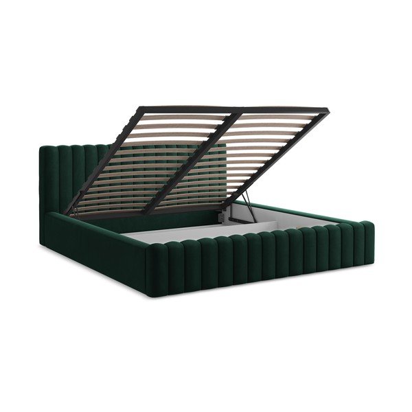 Tumeroheline polsterdatud kaheinimesevoodi panipaigaga ja liistudest raamiga 180x200 cm Lemi - Makamii-image-3