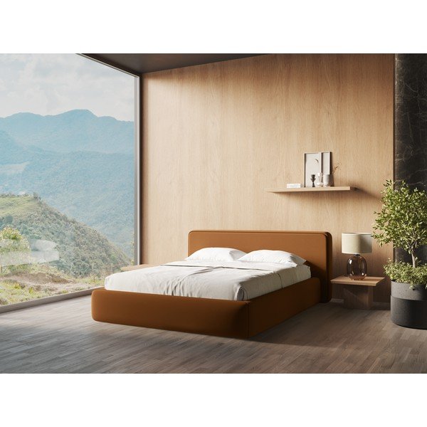 Terrakottapunane polsterdatud kaheinimesevoodi koos voodipõhja ja panipaigaga 140x200cm Kiana - Makamii-image-1