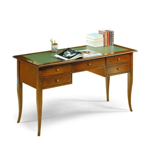 Dřevěný pracovní stůl s 5 zásuvkami a zeleným koženým povrchem Castagnetti Noce