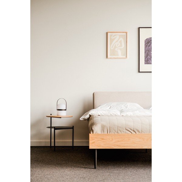 Polsterdatud/puitlaastplaadist kaheinimesevoodi tammepuust dekooriga ja liistudest raamiga 180x200 cm naturaalses värvitoonis Streiko - noo.ma-image-2