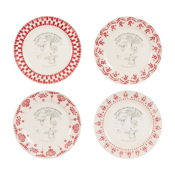 Sada 4 červenobílých dezertních talířů Comptoir de Famille Galline, 21 cm