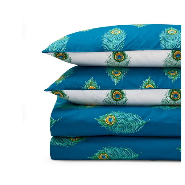 Valge/rohekassinine puuvillane pikendatud voodipesu kaheinimesevoodile 230x220 cm Peacock Feather - Their Nibs