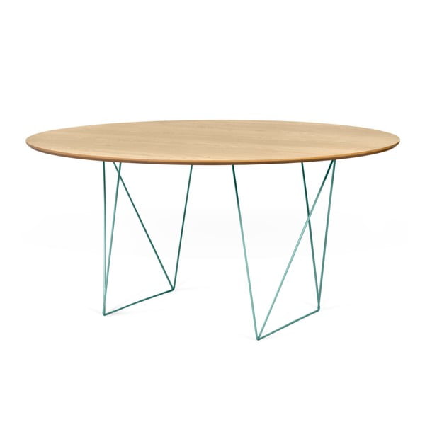 Jídelní stůl v dekoru dubového dřeva se zeleným podnožím Symbiosis Row, ⌀ 150 cm