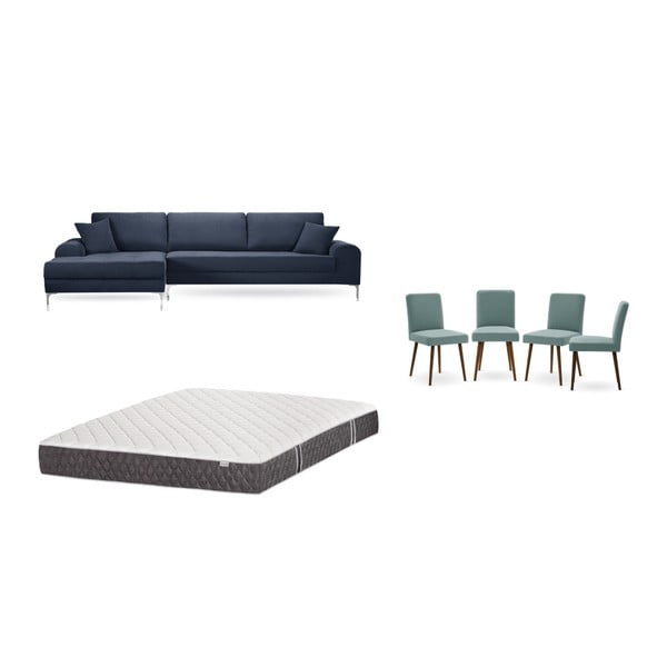 Set tmavě modré pohovky s lenoškou vlevo, 4 šedozelených židlí a matrace 160 x 200 cm Home Essentials