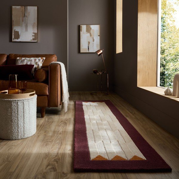 Burgundiapunane/naturaalne käsitsi kootud villane jooksja 60x230 cm Apex Border Wool - Flair Rugs-image-1