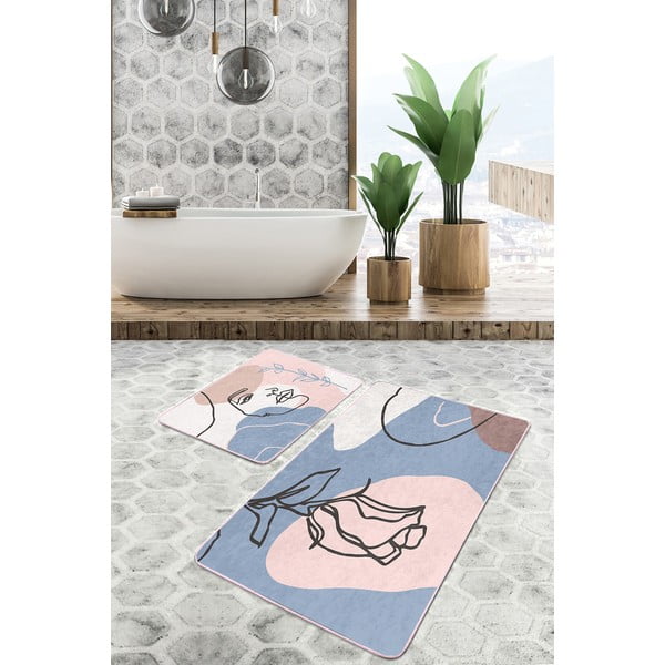 Sinised-roosad sametist vannitoamatid 2tk komplektis 60x100 cm Abstract Faces - Mila Home-image-1