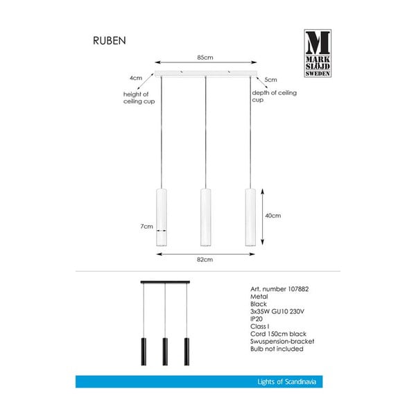 Must rippvalgusti Pendant 3L Ruben - Markslöjd-image-1
