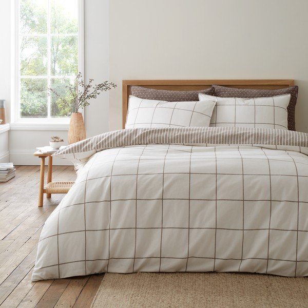 Kreemjas/hallikaspruun flanellvoodipesu kaheinimesevoodile 200x200 cm Brushed Regal Check - Bianca-image-1