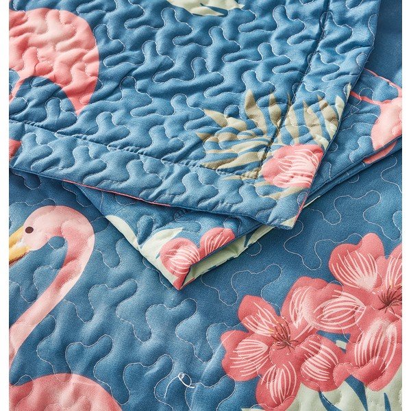 Modrý přehoz z mikroperkálu se dvěma povlaky na polštář Sleeptime Flamingo, 250 x 260 cm-image-2