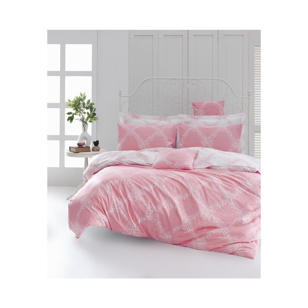 Povlečení s prostěradlem na dvoulůžko z ranforce bavlny Mijolnir Nadine Pink, 200 x 220 cm