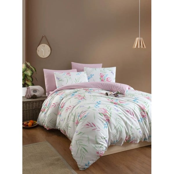 Valge-roosa pikendatud neljaosaline voodipesu kaheinimesevoodile koos linaga 200x220 cm Leaves - Mila Home