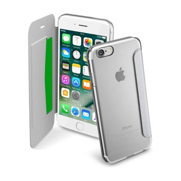 Stříbrné transparentní peněženkové pouzdro CellularLine Clear Book pro iPhone 7