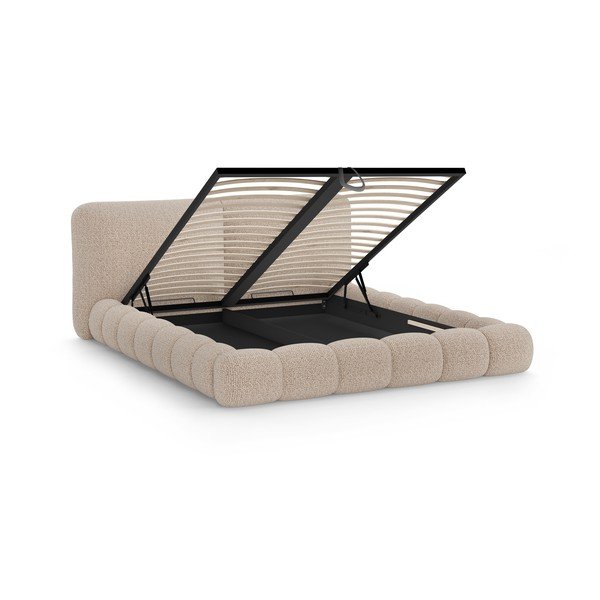 Hall-beež polsterdatud kaheinimesevoodi panipaiga ja liistudest voodipõhjaga 160x200 cm Solange - Micadoni-image-2