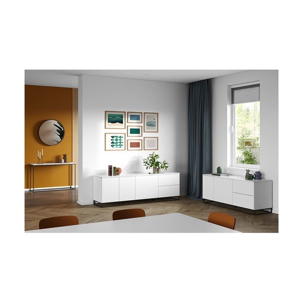Matně bílý televizní stolek s bílou deskou v mramorovém dekoru TemaHome Join, 200 x 65 cm-image-1