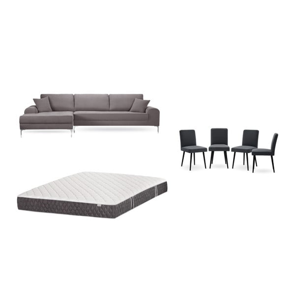 Set hnědé pohovky s lenoškou vlevo, 4 antracitově šedých židlí a matrace 160 x 200 cm Home Essentials