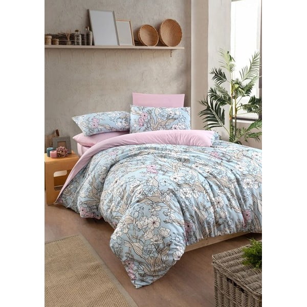 Sinine-roosa pikendatud neljaosaline voodipesu kaheinimesevoodile koos linaga 160x220 cm Floral - Mila Home