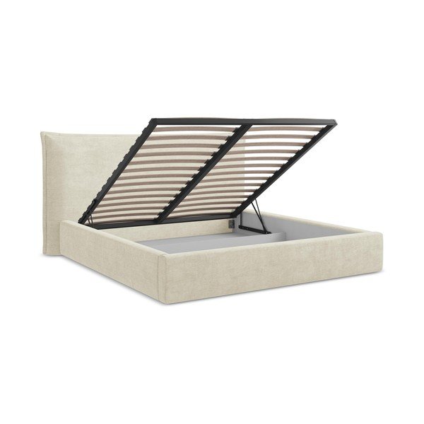 Beež polsterdatud kaheinimesevoodi panipaigaga ja liistudest raamiga 180x200 cm Esala - Makamii-image-3