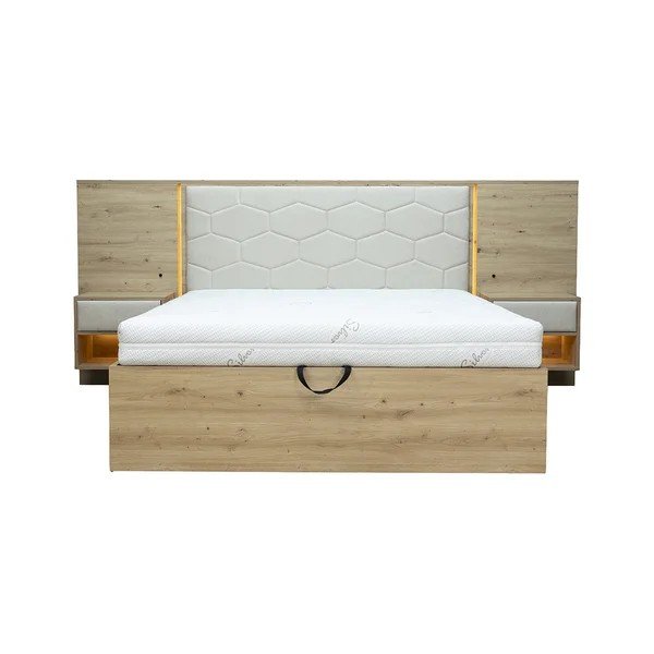 Beež polsterdatud/puitlaastplaadist kaheinimesevoodi panipaigaga ja liistudest raamiga 180x200 cm Palmeraie - Bobochic Paris