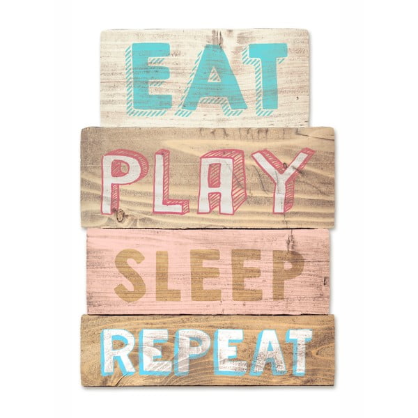 Dřevěná nástěnná dekorace Tanuki Play Eat Sleep Repeat