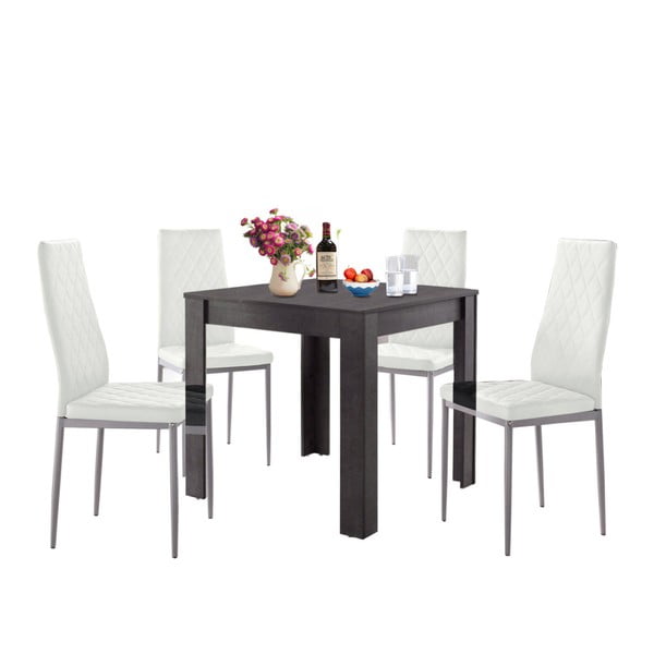 Set jídelního stolu v betonovém dekoru a 4 bílých jídelních židlí Støraa Lori and Barak, 80 x 80 cm