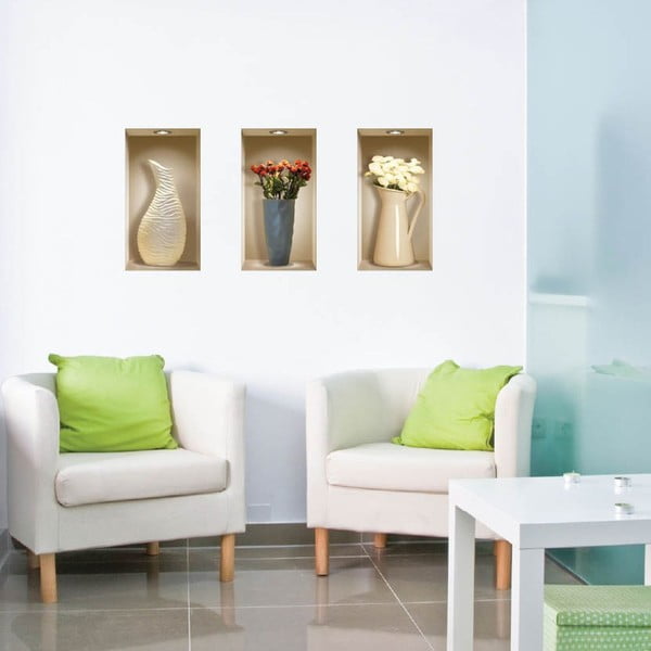 3D samolepky na zeď Nisha Vases à fleurs, 3 ks