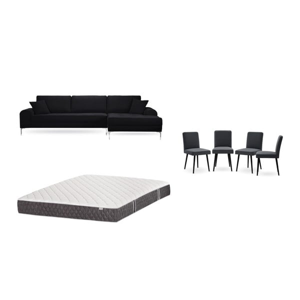 Set černé pohovky s lenoškou vpravo, 4 antracitově šedých židlí a matrace 160 x 200 cm Home Essentials