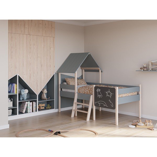 Hallikasroheline männipuidust majakujuline/kõrgendatud lastevoodi koos voodipõhjaga 90x190 cm Mint – Marckeric-image-1