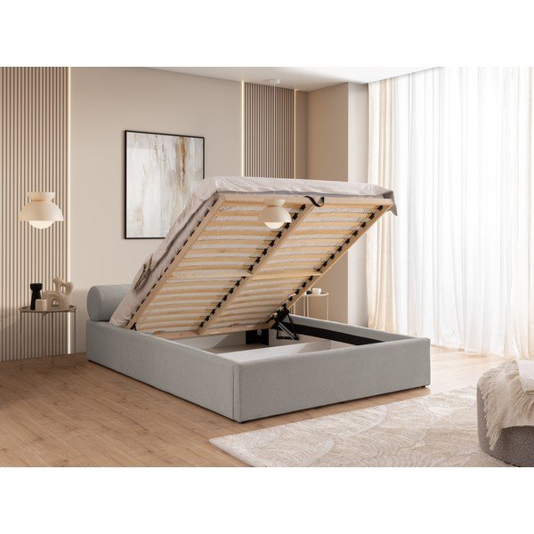 Helehall polsterdatud kaheinimesevoodi panipaigaga ja liistudest raamiga 160x200 cm Cille - Ropez-image-4