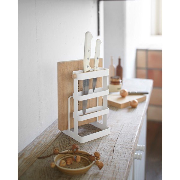 Bílý stojan s detailem z bukového dřeva na nože a prkénka YAMAZAKI Tosca-image-3