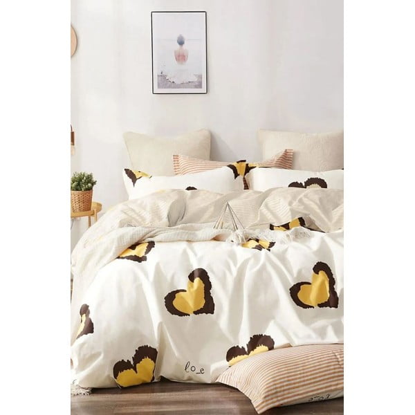 Kollane Renforcé puuvillane voodipesu kaheinimesevoodile koos linaga/4-osaline 200x220 cm Double Heart - Mila Home