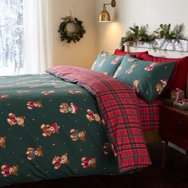 Punane/tumeroheline üheinimesevoodipesu 150x120 cm Christmas Tartan Teddy Bear - Catherine Lansfield