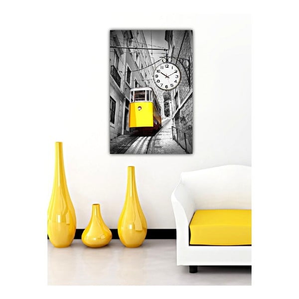 Obraz s hodinami Žlutá tramvaj, 60x40 cm