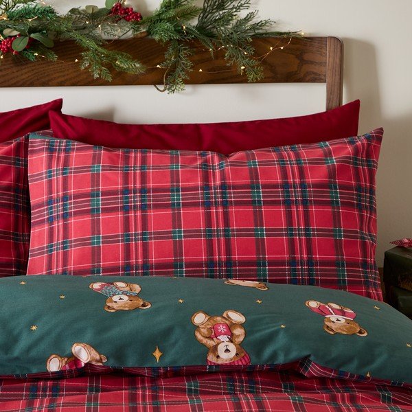 Punane/tumeroheline üheinimesevoodipesu 150x120 cm Christmas Tartan Teddy Bear - Catherine Lansfield-image-3
