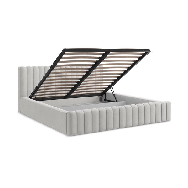 Polsterdatud kaheinimesevoodi panipaigaga ja liistudest raamiga 180x200 cm hõbedases värvitoonis Lemi - Makamii-image-3