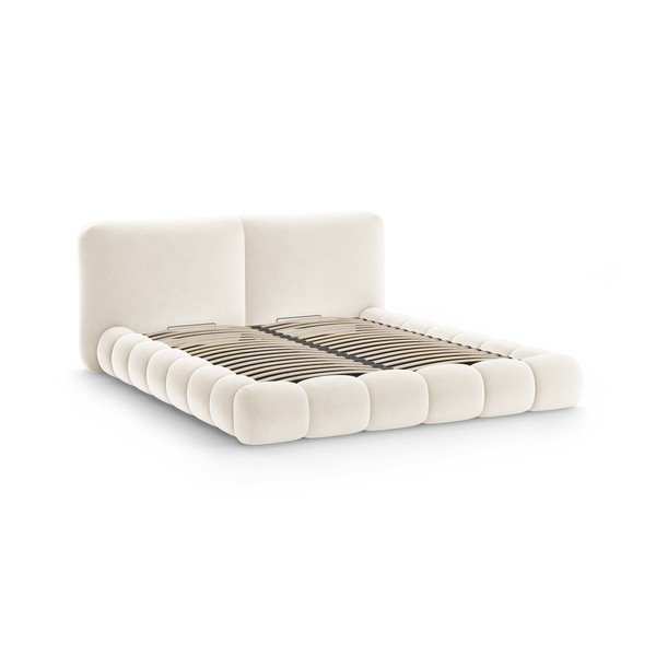 Elevandiluu värvi polsterdatud kaheinimesevoodi koos panipaiga ja voodipõhjaga 180x200 cm Solange - Micadoni-image-3