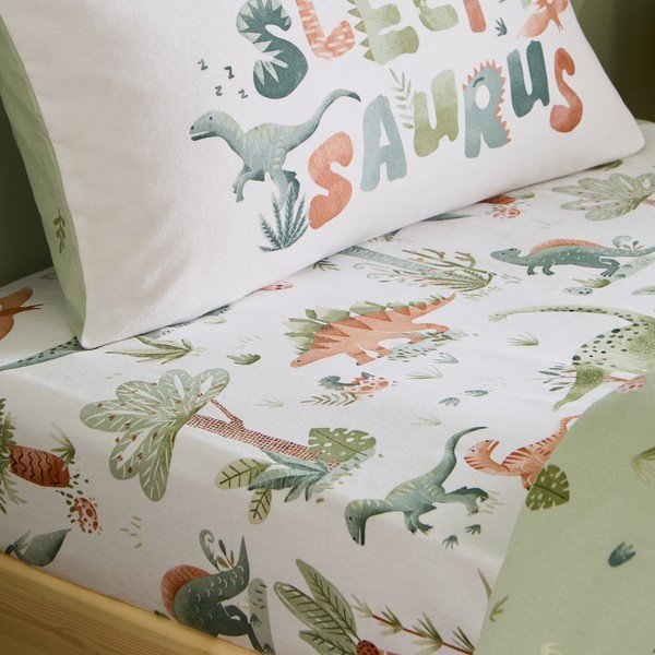 Kreemikas flanelllina lastele üheinimesevoodile 90x190 cm Brushed Sleepy Saurus Dino - Catherine Lansfield
