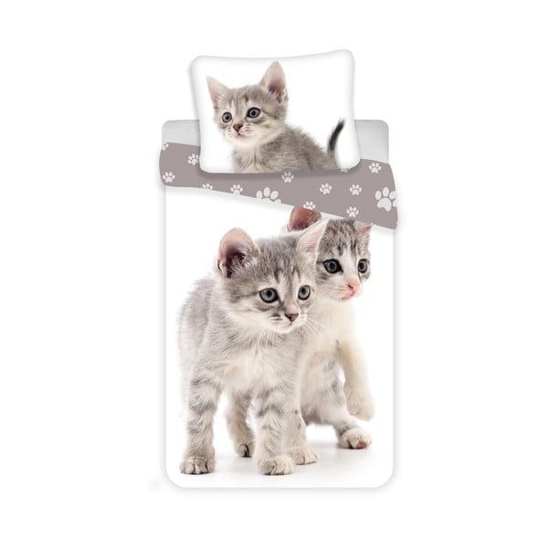 Valge-hall puuvillane laste voodipesu 140x200 cm Kitten "Grey" - Jerry Fabrics