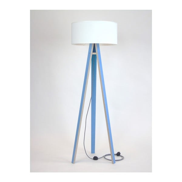 Modrá stojací lampa s bílým stínítkem a černo-bílým kabelem Ragaba Wanda