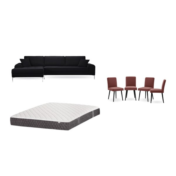 Set černé pohovky s lenoškou vlevo, 4 cihlově červených židlí a matrace 160 x 200 cm Home Essentials