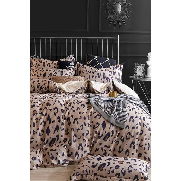 Pruun pikendatud neljaosaline puuvillane voodipesu komplekt kaheinimesevoodile koos linaga 200x220 cm Leopard - Mila Home