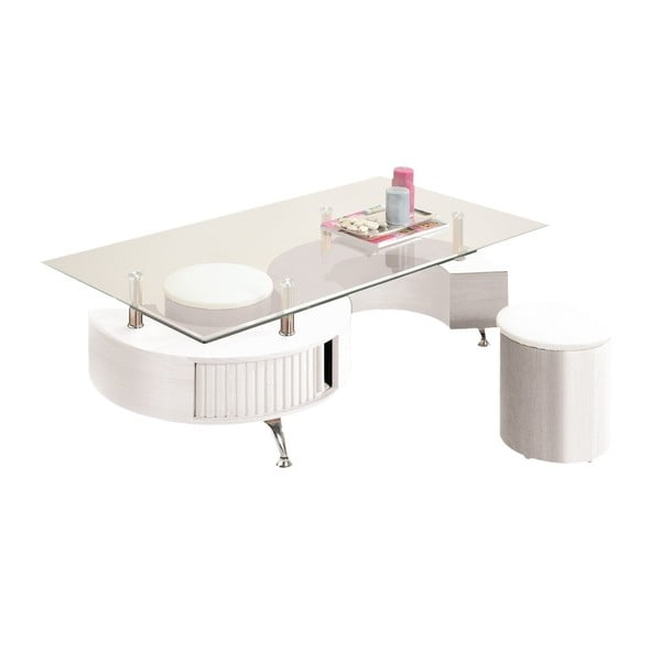 Bílý skleněný konferenční stolek se 2 bílými pufy Esidra Multi
