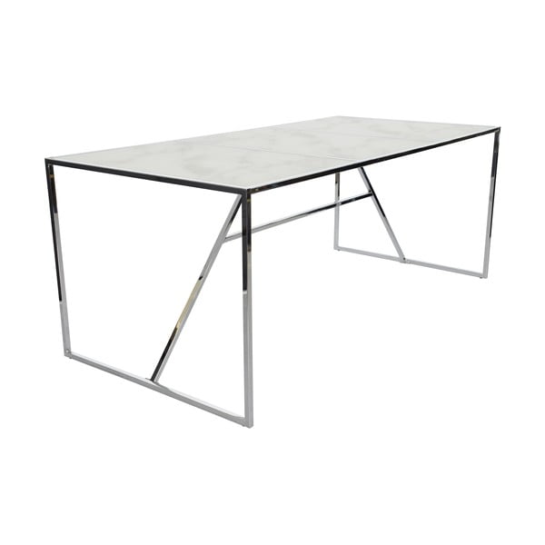 Bílý skleněný jídelní stůl s podnožím ve stříbrné barvě RGE Glass Marble Effect, 185 x 90 cm