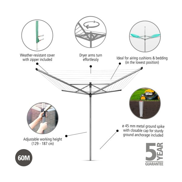 Hõbedane välitingimustes kasutatav pesukuivatusrest 60 m Lift-O-Matic – Brabantia-image-4
