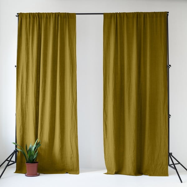 Ookerkollane/roheline linane kardin 140x170 cm Moss Green - Linen Tales