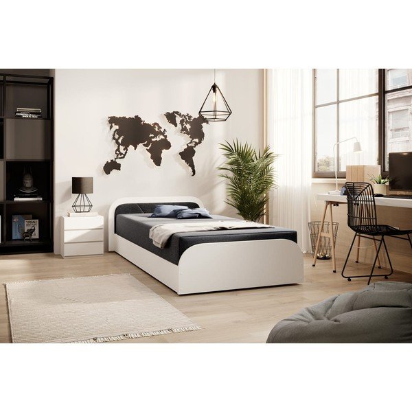 Valge/tumehall polsterdatud/puitlaastplaadist üheinimesevoodi panipaiga ja madratsiga 80x190 cm Parys - ELTAP-image-1