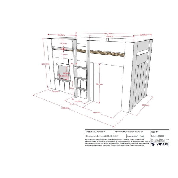 Valge männi voodi 90x200 cm RENO - Vipack-image-3