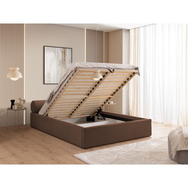 Pruun polsterdatud kaheinimesevoodi panipaigaga ja liistudest raamiga 200x200 cm Cille - Ropez-image-4