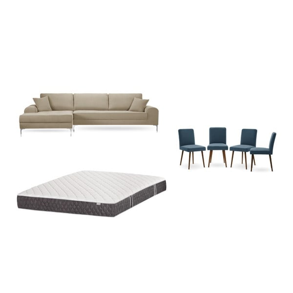 Set šedobéžové pohovky s lenoškou vlevo, 4 modrých židlí a matrace 160 x 200 cm Home Essentials
