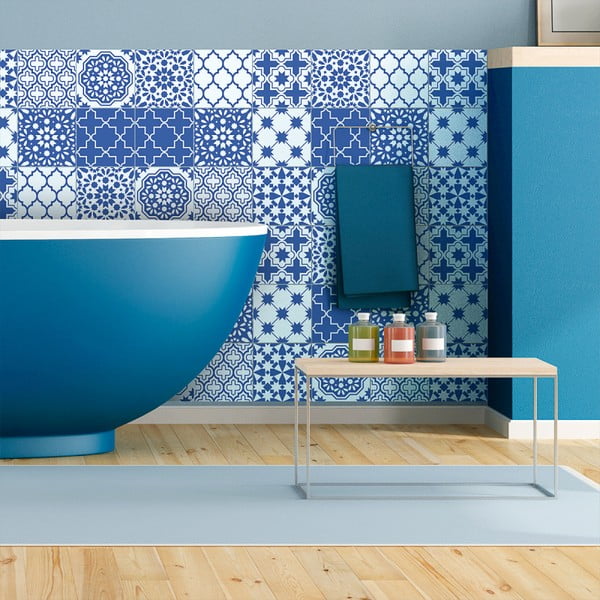 Sada 9 nástěnných samolepek Ambiance Wall Decals Blue Santorini Tiles, 20 x 20 cm
