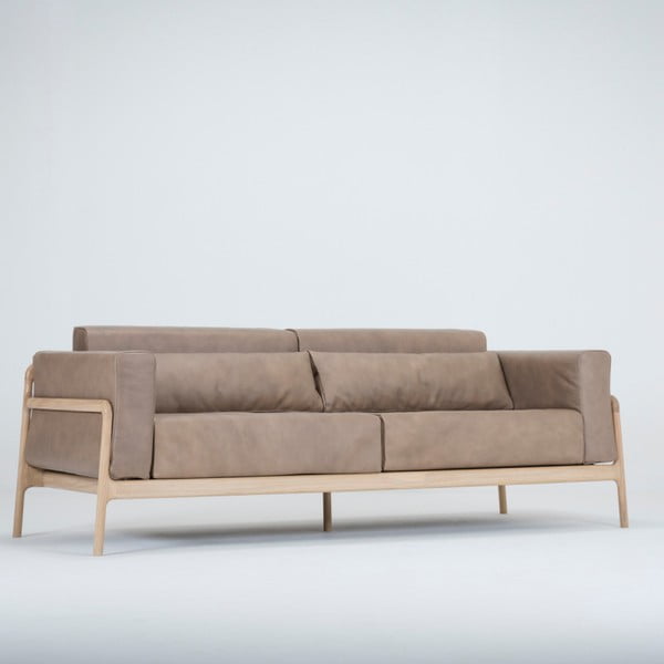 Helepruun buffalo nahast diivan täispuidust tamme konstruktsiooniga , 210 cm Fawn - Gazzda-image-2